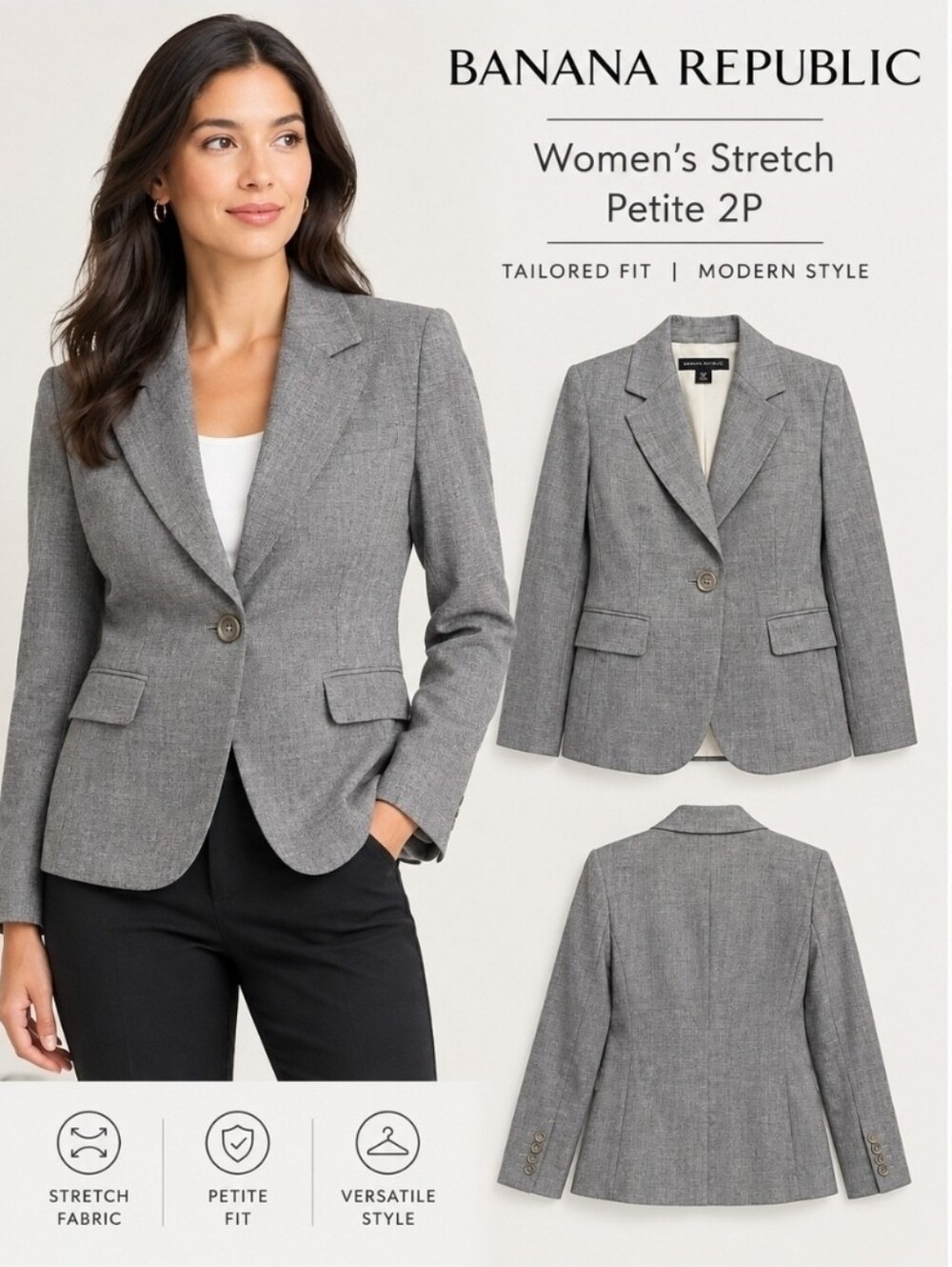 Banana Republic Women's Gray Stretch Petite 2P Blazer Wool Blend Suit Jacket